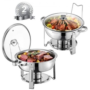Chafing Dish Buffet Speisenwärmer mit 2 Behältern in voller Größe (4,7 L pro), runder Catering-Wärmespender mit Glasdeckel & Wasserpfanne & klappbarer Ständer, für Buffet Partys Silber YXBLSTGK2JTYN0BW5V0