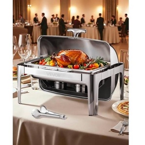 Chafing Dish Set Speisenwärmer Edelstahl mit Pfannen in voller Größe (8,5 L), rechteckiger Wärmespender mit Roll Top Deckel & Wasserpfannenständer & Brennstoffhalter, für Buffet Silber ZFXQFGK1JTYSNU6QFV0