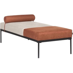 Chaiselongue Beige u. Goldbraun Leinenoptik Zweifarbig mit Schwarzen Metallbeinen Kissen Elegant für Wohnzimmer