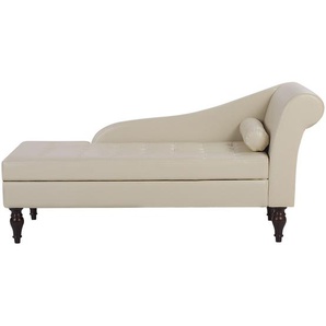 Chaiselongue Hellbeige Kunstleder mit Zierkissen Bettkasten rechtsseitig Liegefläche mit Steppbezug Glamour Look