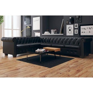 Chesterfield Ecksofa 6-Sitzer Kunstleder Schwarz