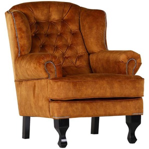 Chesterfield-Sessel, Braun, Orange, Textil, Kiefer, massiv, 87x107x96 cm, Stoffauswahl, Wohnzimmer, Sessel, Chesterfield-Sessel