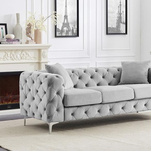 Chesterfield-Sofa 3-Sitzer - Hellgrau - Samt - EDWINA