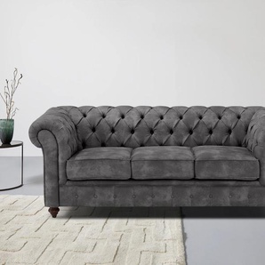 Chesterfield-Sofa HOME AFFAIRE Chesterfield Sofas Gr. B/H/T: 198 cm x 74 cm x 89 cm, Luxus-Microfaser Lederoptik, grau (anthrazit) Chesterfieldsofas mit Knopfheftung, auch in Leder