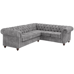 Chesterfield-Sofa HOME AFFAIRE Chesterfield Sofas Gr. B/H/T: 250 cm x 74 cm x 210 cm, Luxus-Microfaser Lederoptik, langer Schenkel links, grau (hellgrau) Chesterfieldsofas mit Knopfheftung, auch in Leder