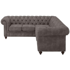 Chesterfield-Sofa HOME AFFAIRE Chesterfield Sofas Gr. B/H/T: 250 cm x 74 cm x 210 cm, Luxus-Microfaser Lederoptik, langer Schenkel rechts, braun (dunkelbraun) Chesterfieldsofas mit Knopfheftung, auch in Leder