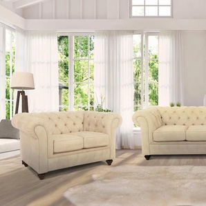 Chesterfield-Sofa HOME AFFAIRE Duc 3-Sitzer Sofas Gr. B/H/T: 198 cm x 74 cm x 89 cm, Samtoptik, beige Chesterfieldsofas