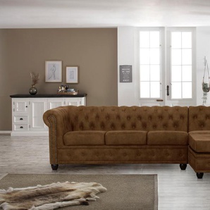 Chesterfield-Sofa HOME AFFAIRE Rysum L-Form Sofas Gr. B/H/T: 255 cm x 72 cm x 171 cm, Lu x us-Microfaser in Lederoptik, Ottomane rechts, braun (cognac) Chesterfieldsofas