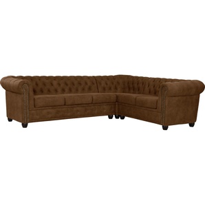 Chesterfield-Sofa HOME AFFAIRE Rysum L-Form Sofas Gr. B/H/T: 264 cm x 72 cm x 210 cm, Lu x us-Microfaser in Lederoptik, langer Schenkel links, braun (cognac) Chesterfieldsofas