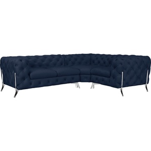 Chesterfield-Sofa LEONIQUE Amaury L-Form Sofas Gr. B/H/T: 264 cm x 75 cm x 204 cm, Samtoptik, langer Schenkel links, Füße chromfarben, blau Chesterfieldsofas