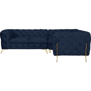 Chesterfield-Sofa LEONIQUE Amaury L-Form Sofas Gr. B/H/T: 264 cm x 75 cm x 204 cm, Samtoptik, langer Schenkel links, Füße goldfarben, blau Chesterfieldsofas