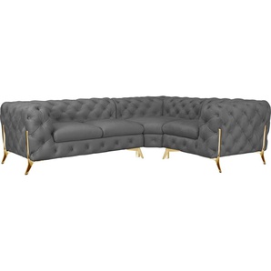 Chesterfield-Sofa LEONIQUE Amaury L-Form Sofas Gr. B/H/T: 264 cm x 75 cm x 204 cm, Samtoptik, langer Schenkel links, Füße goldfarben, grau Chesterfieldsofas