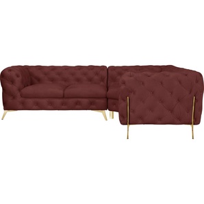Chesterfield-Sofa LEONIQUE Amaury L-Form Sofas Gr. B/H/T: 264 cm x 75 cm x 204 cm, Samtoptik, langer Schenkel links, Füße goldfarben, rosa (rose) Chesterfieldsofas