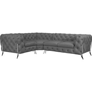 Chesterfield-Sofa LEONIQUE Amaury L-Form Sofas Gr. B/H/T: 264 cm x 75 cm x 204 cm, Samtoptik, langer Schenkel rechts, Füße chromfarben, grau Chesterfieldsofas