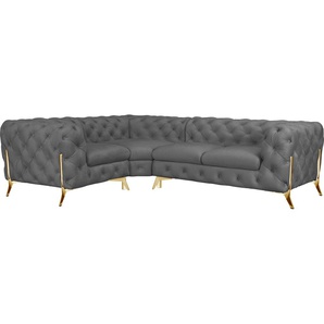 Chesterfield-Sofa LEONIQUE Amaury L-Form Sofas Gr. B/H/T: 264 cm x 75 cm x 204 cm, Samtoptik, langer Schenkel rechts, Füße goldfarben, grau Chesterfieldsofas