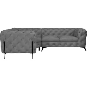 Chesterfield-Sofa LEONIQUE Amaury L-Form Sofas Gr. B/H/T: 264 cm x 75 cm x 204 cm, Samtoptik, langer Schenkel rechts, Füße schwarz, grau Chesterfieldsofas