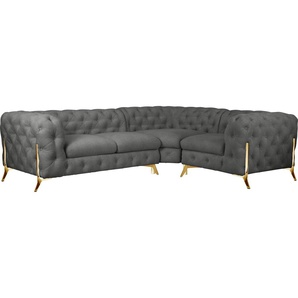 Chesterfield-Sofa LEONIQUE Amaury L-Form Sofas Gr. B/H/T: 264 cm x 75 cm x 204 cm, Struktur, langer Schenkel links, Füße goldfarben, grau Chesterfieldsofas