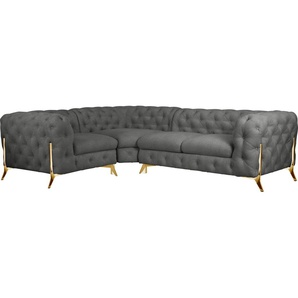 Chesterfield-Sofa LEONIQUE Amaury L-Form Sofas Gr. B/H/T: 264 cm x 75 cm x 204 cm, Struktur, langer Schenkel rechts, Füße goldfarben, grau Chesterfieldsofas