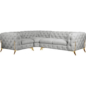 Chesterfield-Sofa LEONIQUE Amaury L-Form Sofas Gr. B/H/T: 264 cm x 75 cm x 204 cm, Struktur, langer Schenkel rechts, Füße goldfarben, silberfarben (silber) Chesterfieldsofas