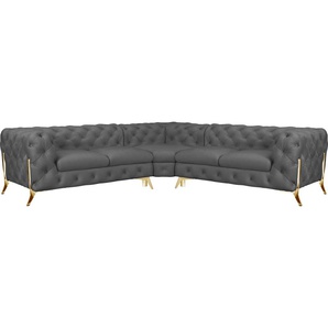 Chesterfield-Sofa LEONIQUE Amaury L-Form Sofas Gr. B/H/T: 264 cm x 75 cm x 262 cm, Samtoptik, gleichschenklig, Füße goldfarben, grau Chesterfieldsofas