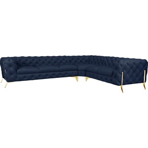 Chesterfield-Sofa LEONIQUE Amaury L-Form Sofas Gr. B/H/T: 323 cm x 75 cm x 264 cm, Samtoptik, langer Schenkel links, Füße goldfarben, blau Chesterfieldsofas