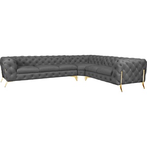 Chesterfield-Sofa LEONIQUE Amaury L-Form Sofas Gr. B/H/T: 323 cm x 75 cm x 264 cm, Samtoptik, langer Schenkel links, Füße goldfarben, grau Chesterfieldsofas