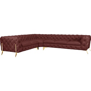 Chesterfield-Sofa LEONIQUE Amaury L-Form Sofas Gr. B/H/T: 323 cm x 75 cm x 264 cm, Samtoptik, langer Schenkel rechts, Füße goldfarben, rosa (rose) Chesterfieldsofas