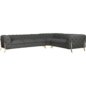 Chesterfield-Sofa LEONIQUE Amaury L-Form Sofas Gr. B/H/T: 323 cm x 75 cm x 264 cm, Struktur, langer Schenkel links, Füße goldfarben, grau Chesterfieldsofas