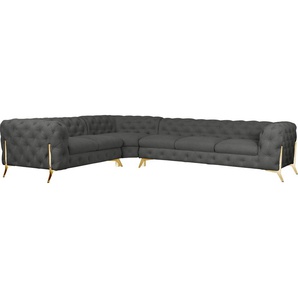 Chesterfield-Sofa LEONIQUE Amaury L-Form Sofas Gr. B/H/T: 323 cm x 75 cm x 264 cm, Struktur, langer Schenkel rechts, Füße goldfarben, grau Chesterfieldsofas