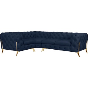 Chesterfield-Sofa LEONIQUE Amaury Sofas Gr. B/H/T: 264 cm x 75 cm x 204 cm, Samtoptik, langer Schenkel rechts, Füße goldfarben, blau Chesterfieldsofas