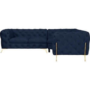 Chesterfield-Sofa LEONIQUE Amaury Sofas Gr. B/H/T: 264 cm x 75 cm x 262 cm, Samtoptik, gleichschenklig, Füße goldfarben, blau Chesterfieldsofas