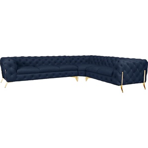 Chesterfield-Sofa LEONIQUE Amaury Sofas Gr. B/H/T: 323 cm x 75 cm x 264 cm, Samtoptik, langer Schenkel links, Füße goldfarben, blau Chesterfieldsofas