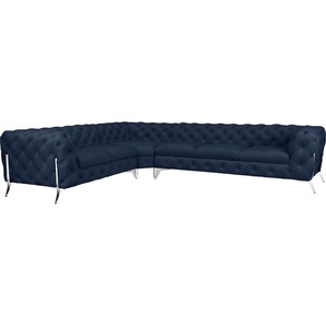 Chesterfield-Sofa LEONIQUE Amaury Sofas Gr. B/H/T: 323 cm x 75 cm x 264 cm, Samtoptik, langer Schenkel rechts, Füße chromfarben, blau Chesterfieldsofas