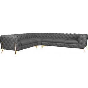 Chesterfield-Sofa LEONIQUE Amaury Sofas Gr. B/H/T: 323 cm x 75 cm x 264 cm, Samtoptik, langer Schenkel rechts, Füße goldfarben, grau Chesterfieldsofas großes Ecksofa, Chesterfield-Optik, Breite 323 cm, Fußfarbe wählbar