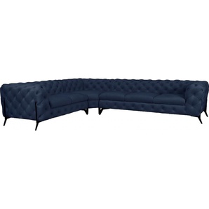 Chesterfield-Sofa LEONIQUE Amaury Sofas Gr. B/H/T: 323 cm x 75 cm x 264 cm, Samtoptik, langer Schenkel rechts, Füße schwarz, blau Chesterfieldsofas großes Ecksofa, Chesterfield-Optik, Breite 323 cm, Fußfarbe wählbar