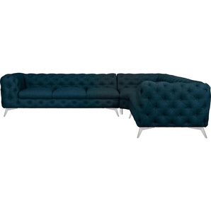 Chesterfield-Sofa LEONIQUE Glynis L-Form Sofas Gr. B/H/T: 323 cm x 75 cm x 264 cm, Struktur, langer Schenkel links, Fußfarbe chromfarben, blau (petrol) Chesterfieldsofas