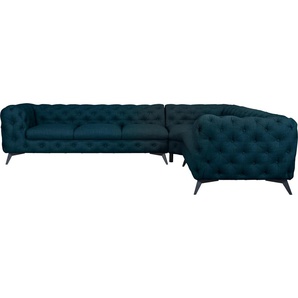 Chesterfield-Sofa LEONIQUE Glynis L-Form Sofas Gr. B/H/T: 323 cm x 75 cm x 264 cm, Struktur, langer Schenkel links, Fußfarbe schwarz, blau (petrol) Chesterfieldsofas