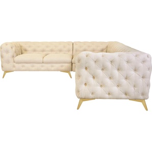 Chesterfield-Sofa LEONIQUE Glynis L-Form Sofas Gr. B/H/T: 323 cm x 75 cm x 264 cm, Struktur, langer Schenkel rechts, Fußfarbe goldfarben, beige (creme) Chesterfieldsofas