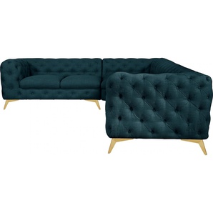 Chesterfield-Sofa LEONIQUE Glynis L-Form Sofas Gr. B/H/T: 323 cm x 75 cm x 264 cm, Struktur, langer Schenkel rechts, Fußfarbe goldfarben, blau (petrol) Chesterfieldsofas