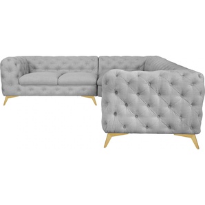 Chesterfield-Sofa LEONIQUE Glynis L-Form Sofas Gr. B/H/T: 323 cm x 75 cm x 264 cm, Struktur, langer Schenkel rechts, Fußfarbe goldfarben, grau Chesterfieldsofas