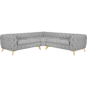 Chesterfield-Sofa LEONIQUE Glynis L-Form Sofas Gr. H/T: 75 cm x 264 cm, Struktur, gleichschenklig, Fußfarbe goldfarben, grau Chesterfieldsofas