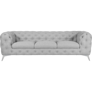 Chesterfield-Sofa LEONIQUE Glynis Sofas Gr. B/H/T: 243 cm x 75 cm x 99 cm, Struktur, Fußfarbe chromfarben, grau Chesterfieldsofas aufwändige Knopfheftung, moderne Chesterfield Optik, Fußfarbe wählbar