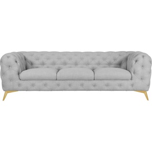 Chesterfield-Sofa LEONIQUE Glynis Sofas Gr. B/H/T: 243 cm x 75 cm x 99 cm, Struktur, Fußfarbe goldfarben, grau Chesterfieldsofas aufwändige Knopfheftung, moderne Chesterfield Optik, Fußfarbe wählbar