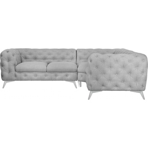 Chesterfield-Sofa LEONIQUE Glynis Sofas Gr. B/H/T: 264 cm x 75 cm x 204 cm, Struktur, langer Schenkel links, Fußfarbe chromfarben, grau Chesterfieldsofas aufwändige Knopfheftung, moderne Chesterfield Optik, Fußfarbe wählbar