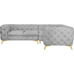 Chesterfield-Sofa LEONIQUE Glynis Sofas Gr. B/H/T: 264 cm x 75 cm x 204 cm, Struktur, langer Schenkel links, Fußfarbe goldfarben, grau Chesterfieldsofas aufwändige Knopfheftung, moderne Chesterfield Optik, Fußfarbe wählbar