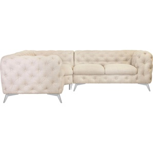 Chesterfield-Sofa LEONIQUE Glynis Sofas Gr. B/H/T: 264 cm x 75 cm x 204 cm, Struktur, langer Schenkel rechts, Fußfarbe chromfarben, beige (creme) Chesterfieldsofas aufwändige Knopfheftung, moderne Chesterfield Optik, Fußfarbe wählbar