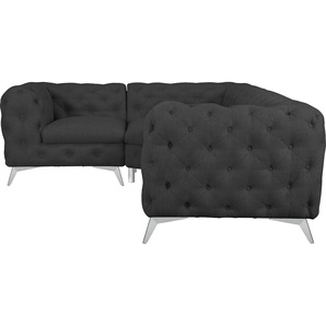 Chesterfield-Sofa LEONIQUE Glynis Sofas Gr. B/H/T: 264 cm x 75 cm x 204 cm, Struktur, langer Schenkel rechts, Fußfarbe chromfarben, grau (anthrazit) Chesterfieldsofas aufwändige Knopfheftung, moderne Chesterfield Optik, Fußfarbe wählbar