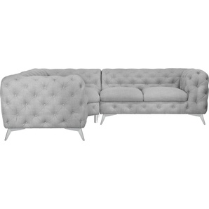 Chesterfield-Sofa LEONIQUE Glynis Sofas Gr. B/H/T: 264 cm x 75 cm x 204 cm, Struktur, langer Schenkel rechts, Fußfarbe chromfarben, grau Chesterfieldsofas aufwändige Knopfheftung, moderne Chesterfield Optik, Fußfarbe wählbar