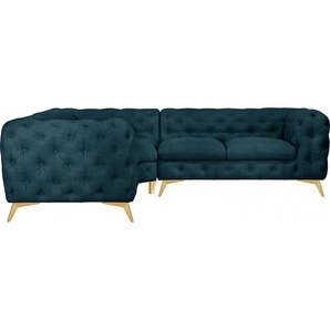 Chesterfield-Sofa LEONIQUE Glynis Sofas Gr. B/H/T: 264 cm x 75 cm x 204 cm, Struktur, langer Schenkel rechts, Fußfarbe goldfarben, blau (petrol) Chesterfieldsofas aufwändige Knopfheftung, moderne Chesterfield Optik, Fußfarbe wählbar