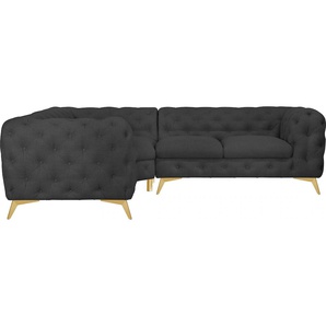 Chesterfield-Sofa LEONIQUE Glynis Sofas Gr. B/H/T: 264 cm x 75 cm x 204 cm, Struktur, langer Schenkel rechts, Fußfarbe goldfarben, grau (anthrazit) Chesterfieldsofas aufwändige Knopfheftung, moderne Chesterfield Optik, Fußfarbe wählbar